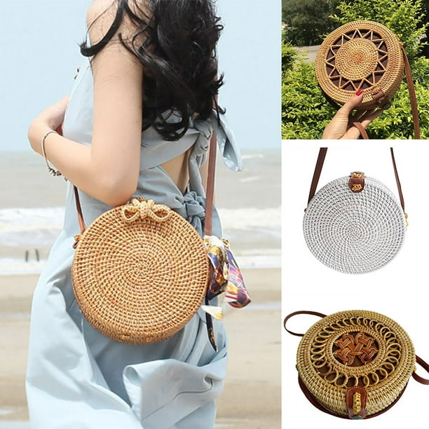 Womens Summer Beach Bags Satchel Adjustable Shoulder Leather Straps Circle Rattan Bag Handwoven Crossbody Small Handbag 